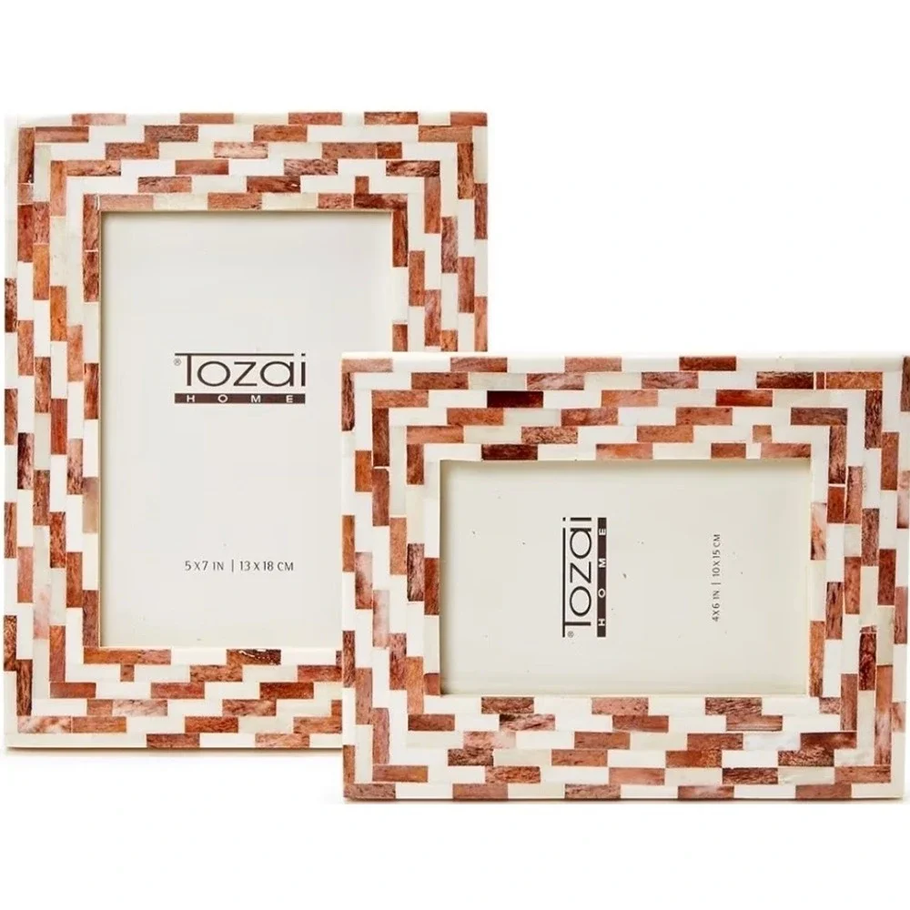 2 PK Two's Company Jacobson Brick Mosaic Photo Frame Bone Resin 4x6 5x7 Brown